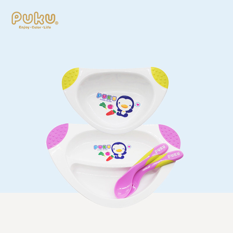 Taiwan PUKU baby bowl tableware binaural non-slip children's bowl baby meal size dinner plate set with spoon bowl