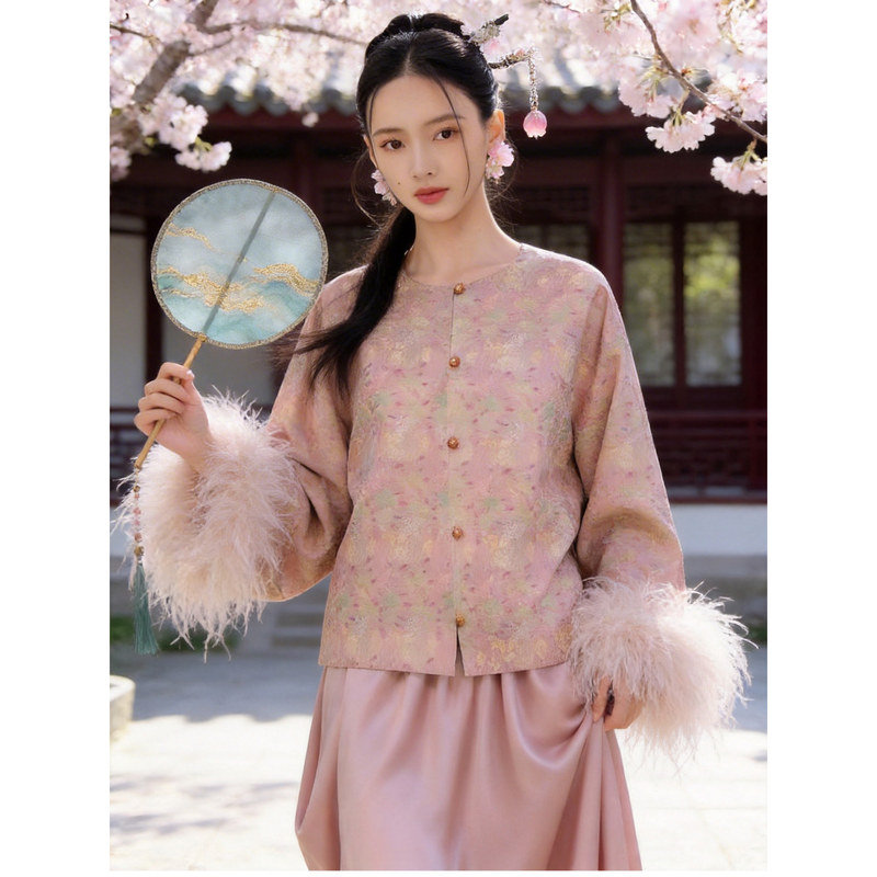 Pink Ostrich Feather Suit, Fairy-Like Light Pink Jacquard New Chinese Style Jacket, Deconstructed and Dynamic Long Skirt Y3