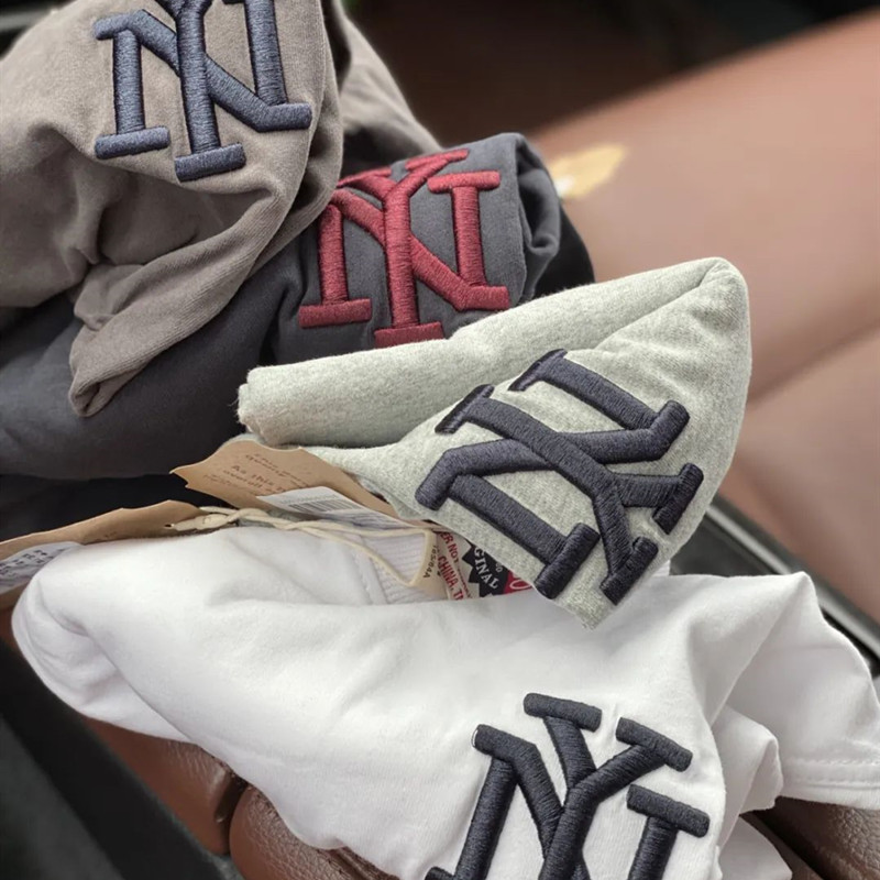 American style tune NY trendy embroidery Summer men's fashion 100 hitch washed and milled hair short sleeve T-shirt