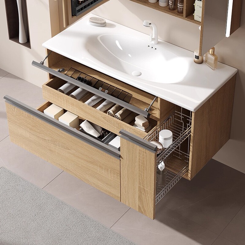 Japanese-Style Large Storage Bathroom Cabinet Combination Log Style Drawer Pull Basket Washbasin Ceramic Integrated Hand Washbasin Cabinet