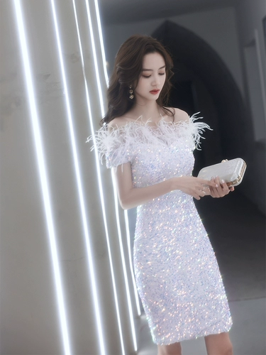 Белое модное платье, блестки для ногтей, подходит для подростков, набивка пером, яркий броский стиль, подарок на день рождения, легкий роскошный стиль