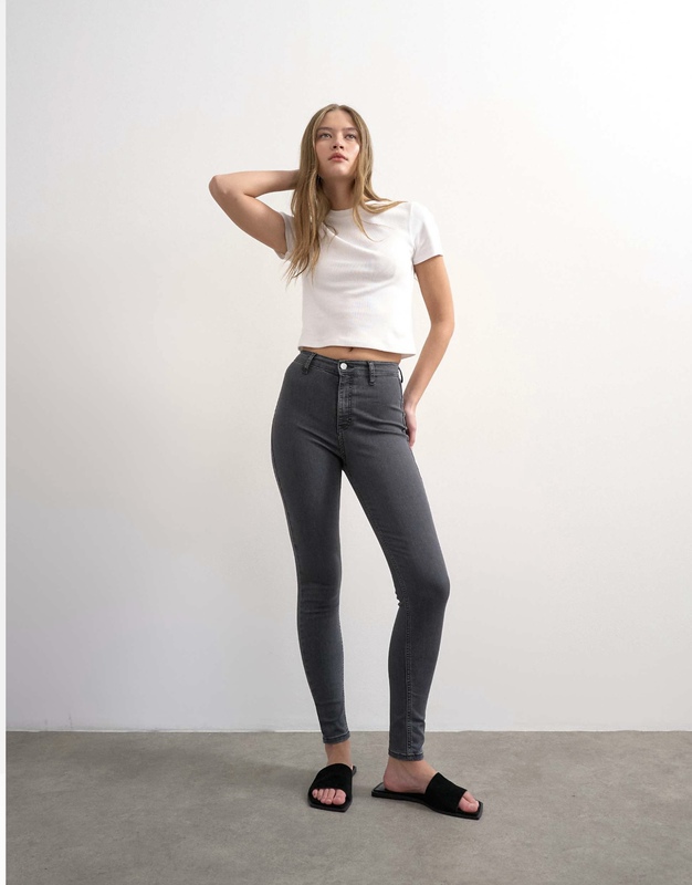 In Stock Topshop Joni Washed Black High Waist Tight Elastic Small Leg Jeans for Women