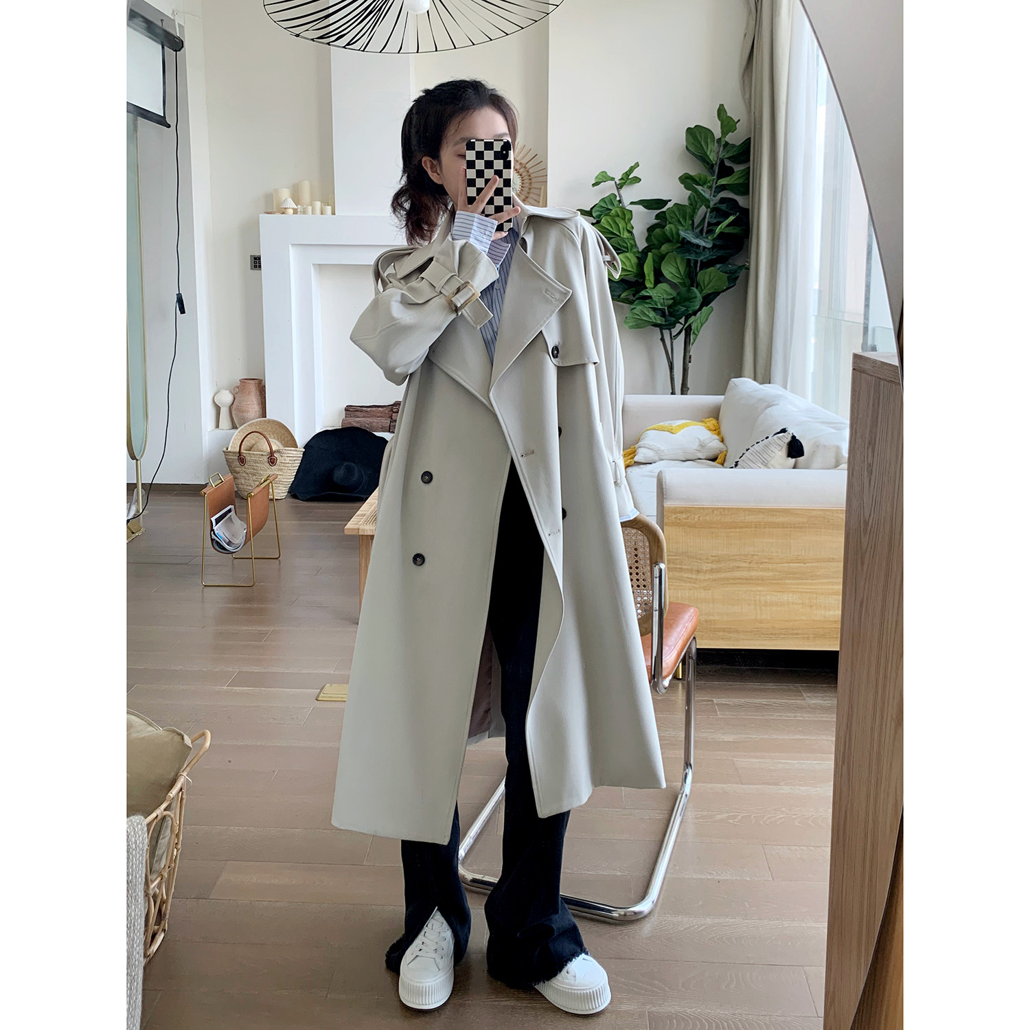 Xchen card with its color windcoat jacket female autumn 2021 years long version over knee waist high level sensation coat small child