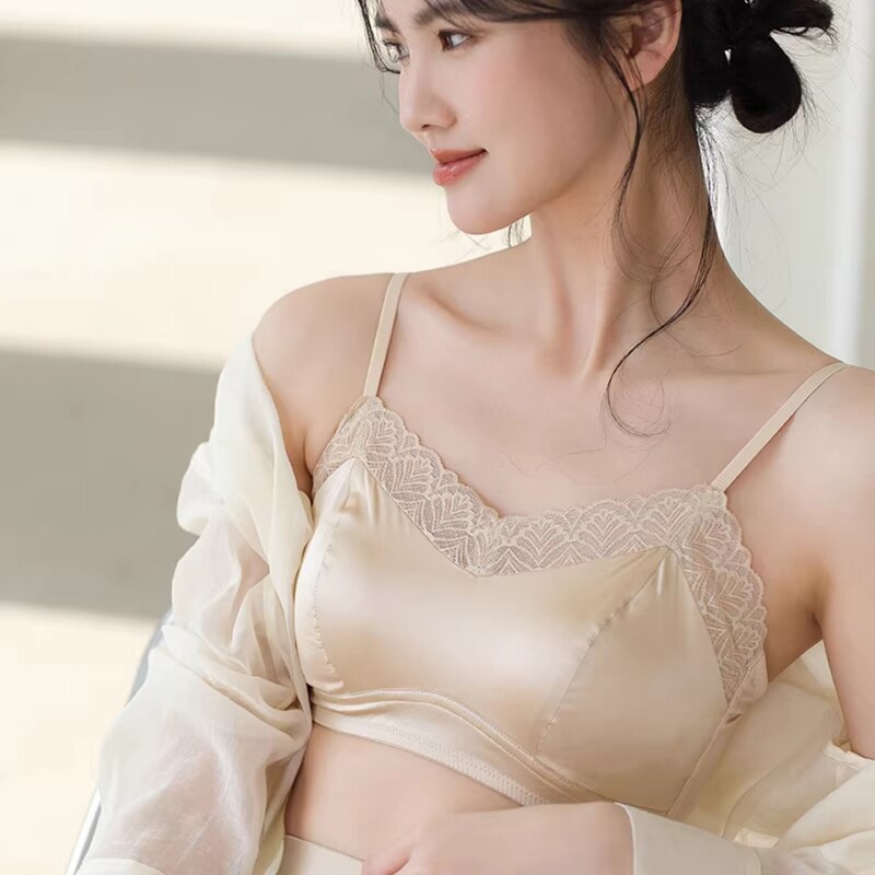 Sexy Double-Sided Silk Lingerie for Women, Nude Satin Tube Top Style, Anti-Exposure, Beautiful Back, Lace Inner Wear, Wireless Bra