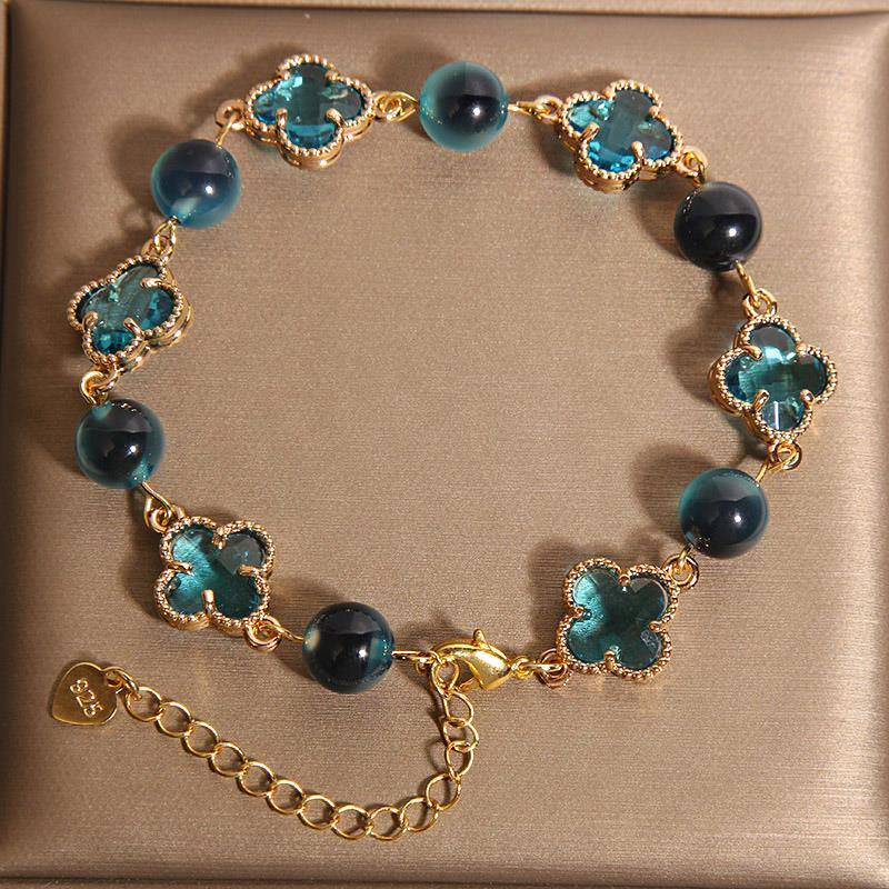 [Renha] New Chinese-Style Blue Agate Bracelet for Women, Light Luxury, Niche, Exquisite, Lucky Four-Leaf Clover Bracelet as a Gift