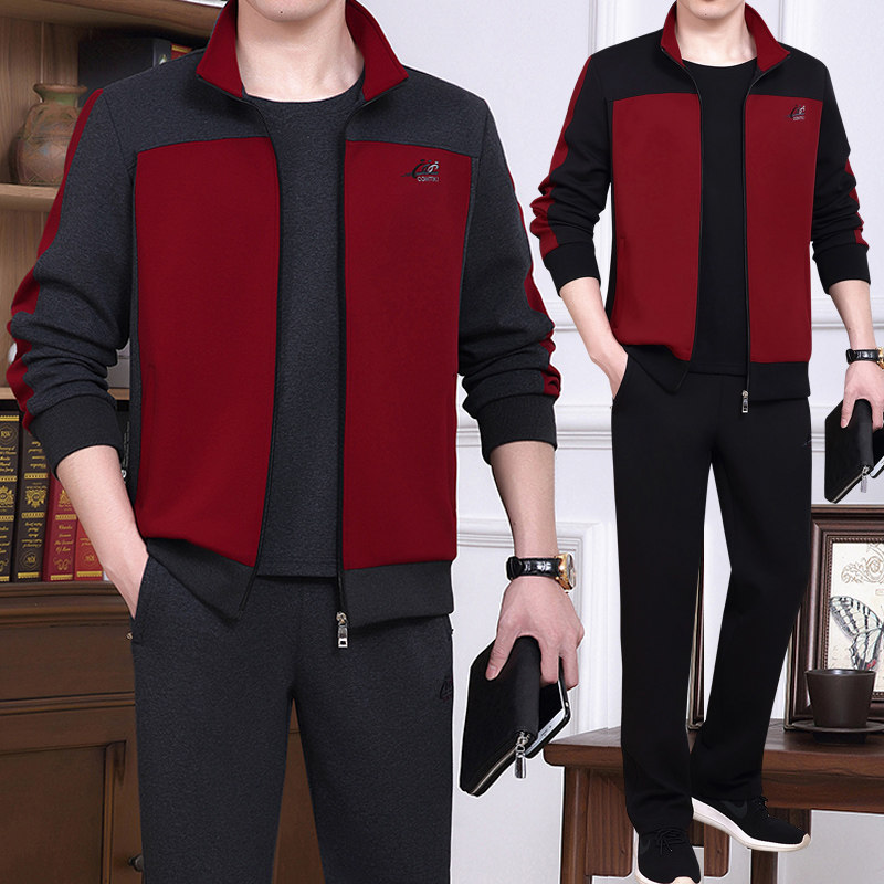 2023 Spring and Autumn New Products Middle - aged sports suit male colored red cotton daddy clothes three pieces of casual suit