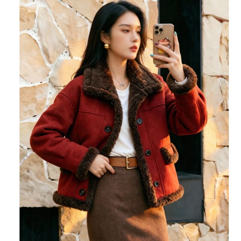 Retro Lamb Wool Lapel Short Coat for Women, Thickened and Warm, Red Leather and Fur Integrated Jacket