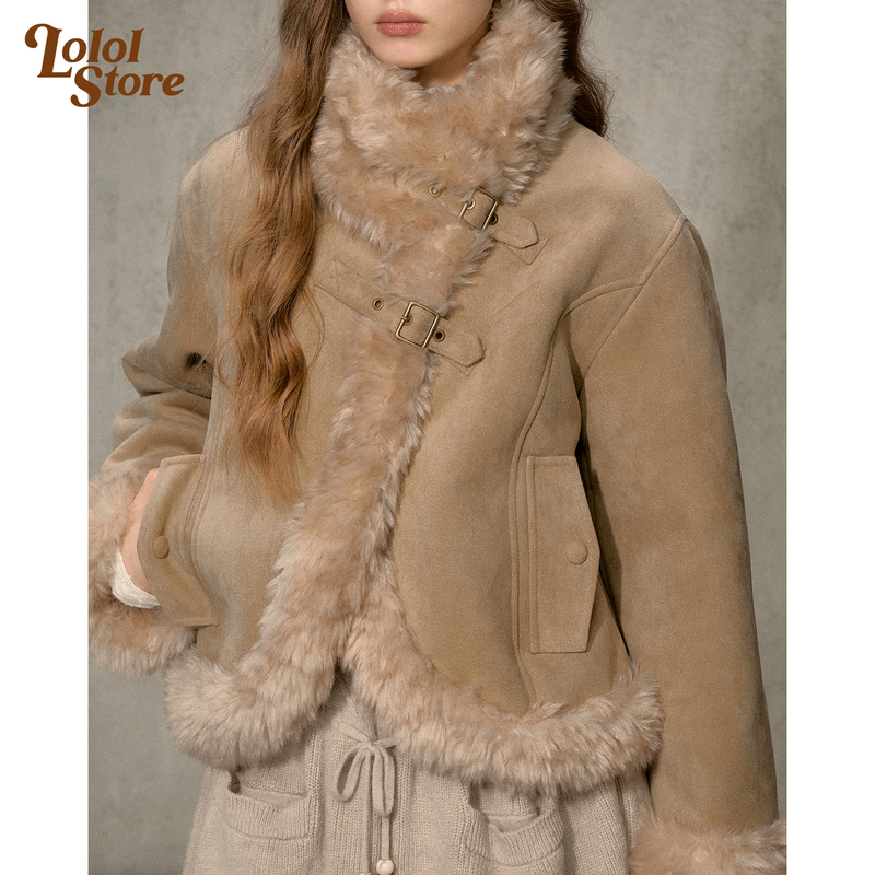 Lolol'Oatmeal Chocolate' Asymmetrical Front Coat Women's Winter Fur and Sheep Wool Integrated Stylish Short Jacket Lolol'Oatmeal Chocolate' Asymmetrical Front Coat Women's Winter Fur and Sheep Wool Integrated Stylish Short Jacket
