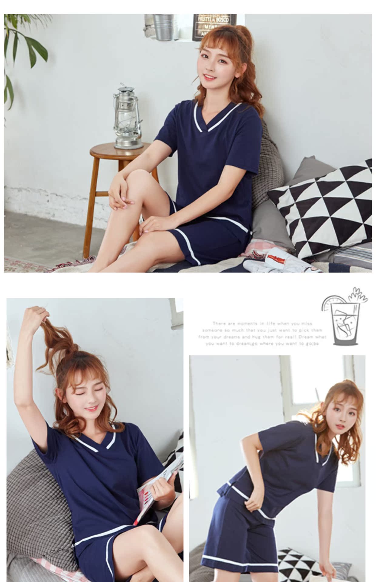 Có thể mặc năm điểm quần short đồ ngủ đặt cotton sinh viên đơn giản giải trí v cổ áo Tây Tạng khâu xanh phục vụ nhà mùa hè nữ kiểu đồ bộ may vải thun