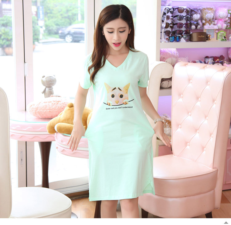 Váy ngủ ngắn tay nữ mùa hè cotton Hàn Quốc dễ thương váy hoạt hình cỡ lớn cổ tròn nữ đồ ngủ cotton dịch vụ tại nhà đầm nữ de thương