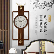 New Chinese style wooden wall clock Living room hanging watch Household atmosphere mute traditional Chinese style classical deer head quartz clock