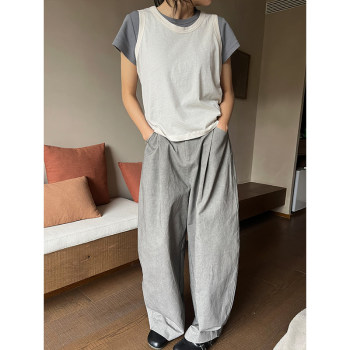 Niche cousin cement ສີເທົາ style super fashionable loose wide pants early spring casual pants