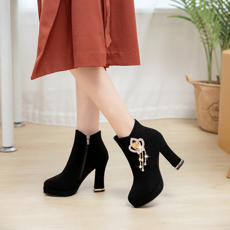 2025 Autumn and Winter New Short Boots High-Heeled Women's Shoes Martin Boots Slim Chunky Heel Versatile Cotton Boots Crown Rhinestones