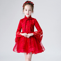 Childrens dress girl flower girl fluffy long-sleeved birthday princess skirt short skirt girl piano host costume winter