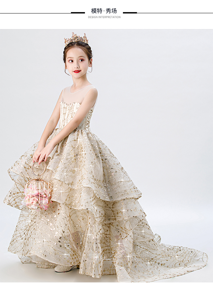 Cô gái váy váy cao cấp catwalk trẻ em mẫu váy dạ hội vàng sequin chơi piano tổ chức trang phục - Váy trẻ em set vest kẻ cho bé trai