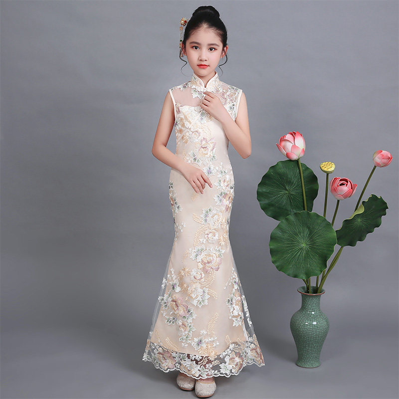 Girls cheongsam summer long slit girls Chinese style Tang suit princess dress lace host guzheng catwalk show costume
