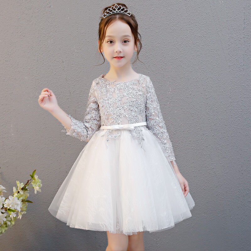Children's dress princess dress girl fluffy yarn flower girl piano performance costume small host evening dress long-sleeved spring and summer