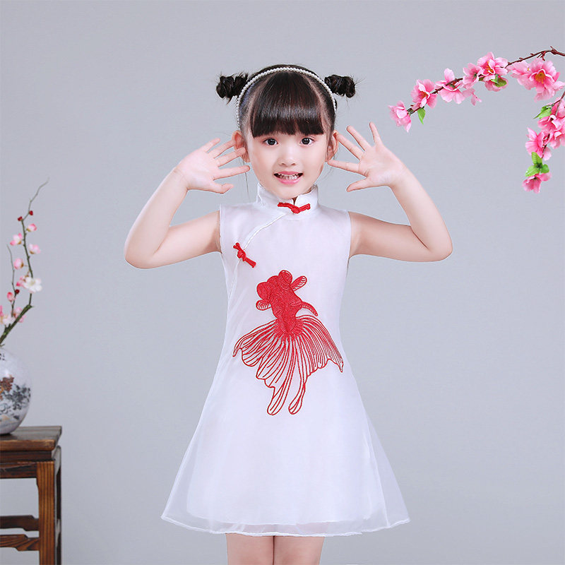Girls' Tang suit summer cool middle and big children's cheongsam children's children's dress embroidered ice yarn guzheng performance clothes