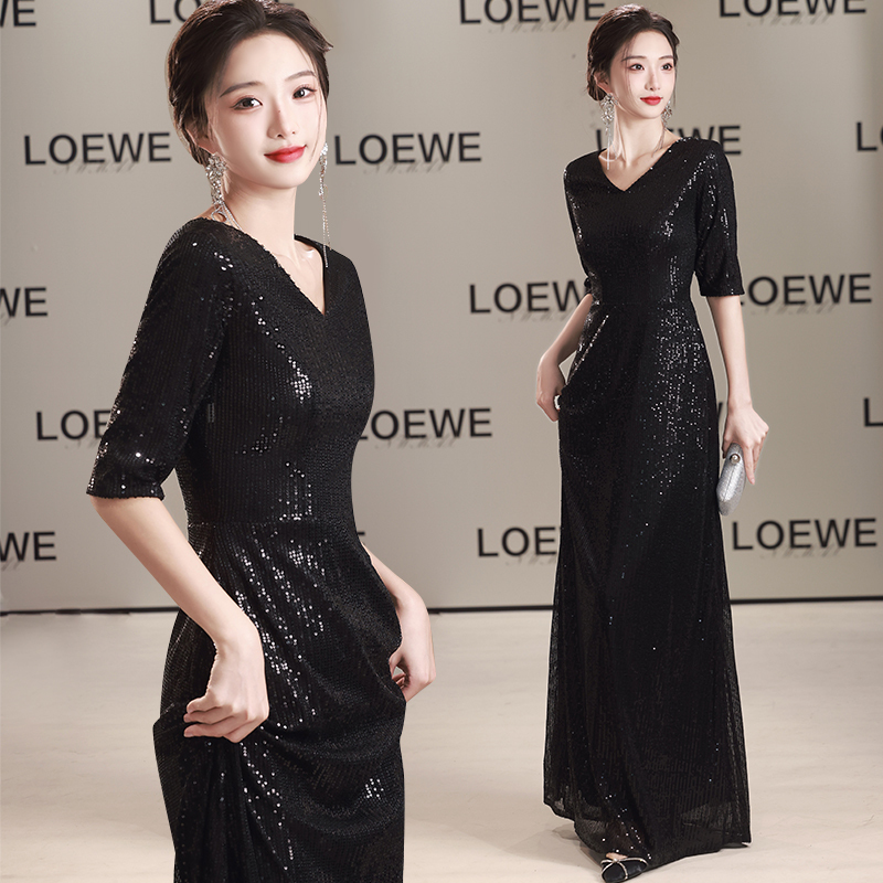Choral Performance Clothing for Women, Long Black Shiny Annual Meeting Conductor's Uniform, Host Adult Ceremonial Evening Dress, Banquet Attire