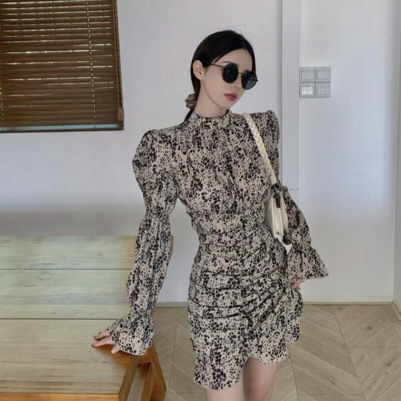 Herben Wind Small Crumbed Black Ocean Dress Woman Fall Long Sleeve Tight Wrap Hip Short Skirt 2021 New Temperament Skirt