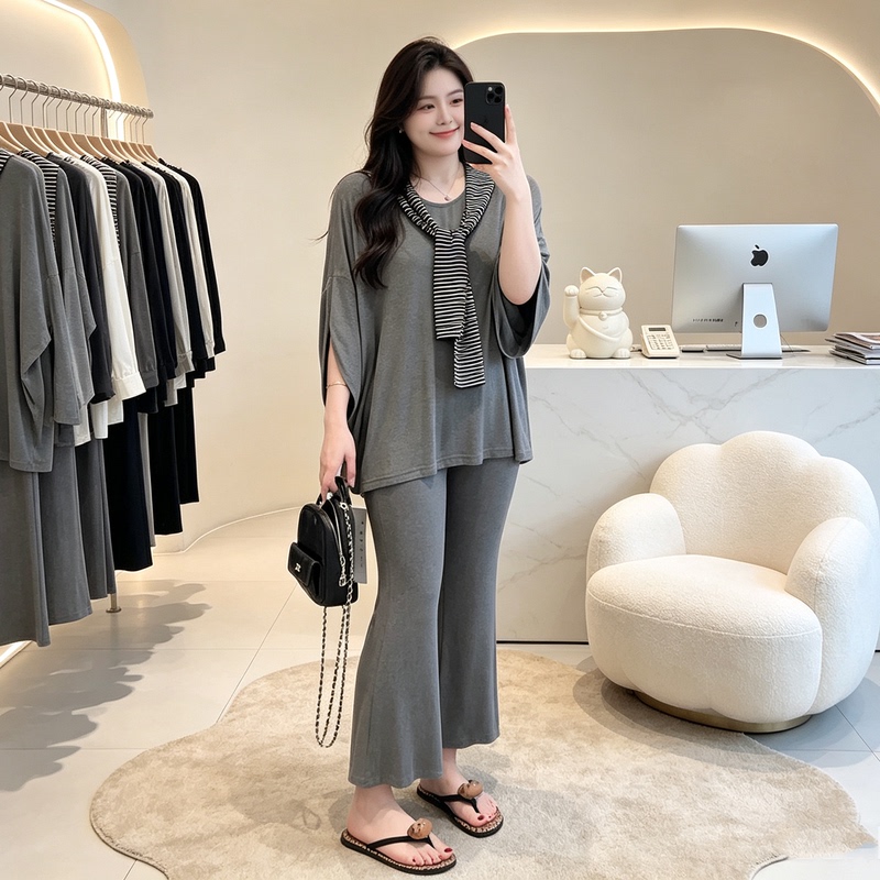 Plus-Size Women's Casual Gray Top, Shawl, and Long Pants Three-Piece Set, New Summer Style for Slightly Chubby Women