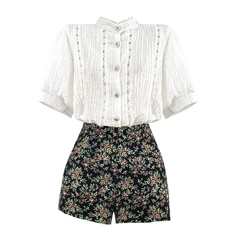 Plus Size French-Style Elegant Hollow-Out Puff Sleeve Shirt for Women, Summer High-Waisted Jacquard Embroidered Shorts Set, Trendy Plus Size French-Style Elegant Hollow-Out Puff Sleeve Shirt for Women, Summer High-Waisted Jacquard Embroidered Shorts Set, Trendy