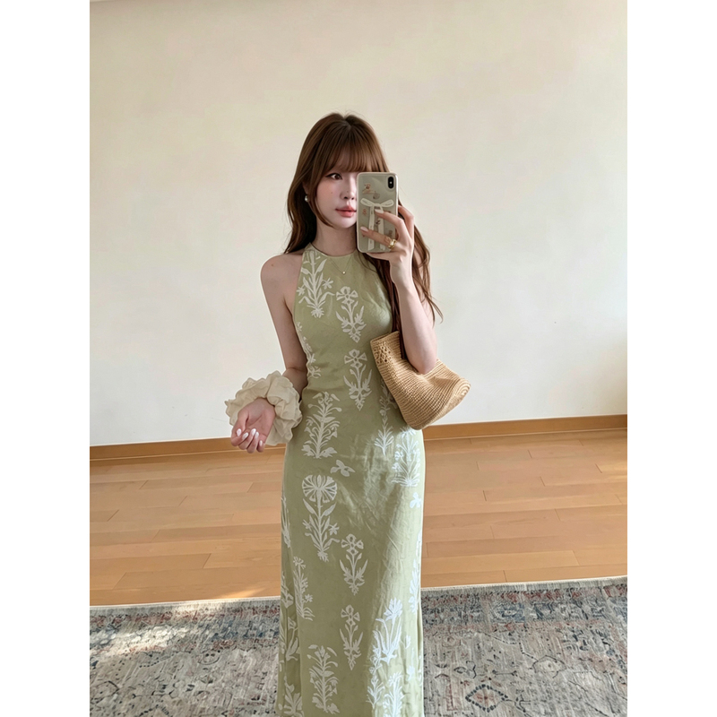 Plus-Size Fat Girl New Chinese-Style Retro High-End Printed Halter Neck Dress Women's Summer New Waist-Cinching Vacation Long Dress Plus-Size Fat Girl New Chinese-Style Retro High-End Printed Halter Neck Dress Women's Summer New Waist-Cinching Vacation Long Dress