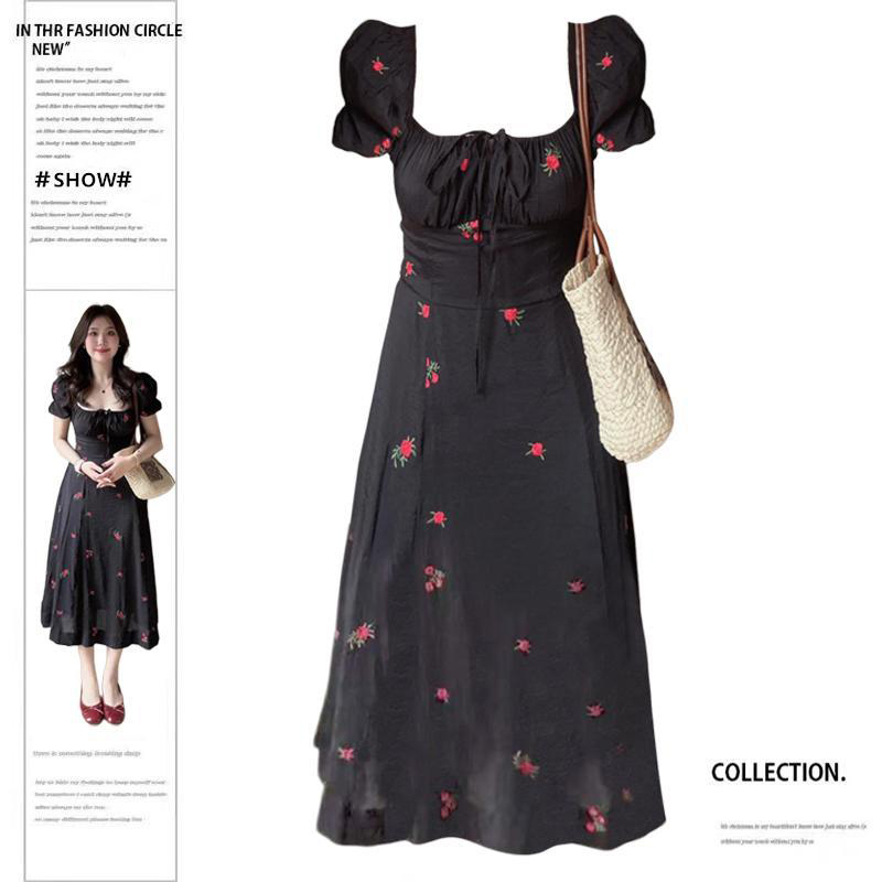 Plus Size Fat Girl Tea Break French Style Black Slimming Floral Dress Women's Summer New Short-Sleeved Printed Long Dress Trendy
