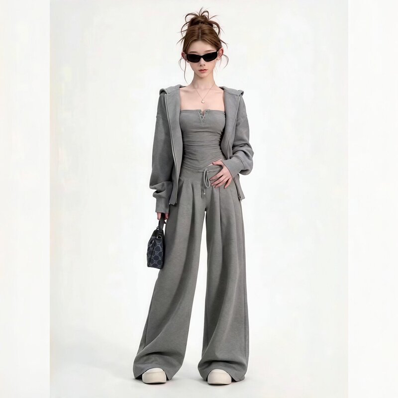Plus-Size Casual Gray Hooded Zip-Up Jacket with Camisole and Wide-Leg Pants Three-Piece Set for Women, New Autumn Style