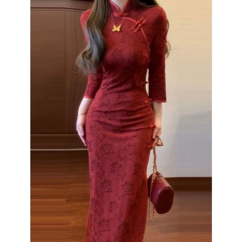 Plus Size Fat Girl Chinese Style New Red Cheongsam Dress for Women, Autumn Vintage High-End Waist-Cinching Slimming Long Dress Plus Size Fat Girl Chinese Style New Red Cheongsam Dress for Women, Autumn Vintage High-End Waist-Cinching Slimming Long Dress