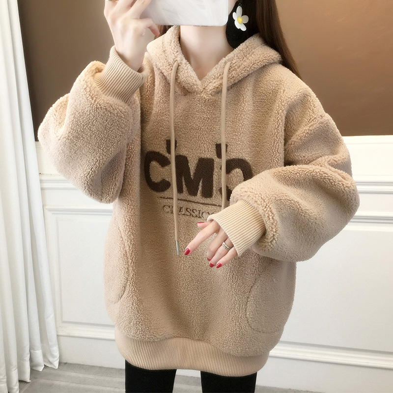 Fleece Hooded Sweatshirt for Women, Thickened and Lined, 2026 Autumn and Winter New Style, Lamb Wool Letter Print Top, Loose Trendy Jacket
