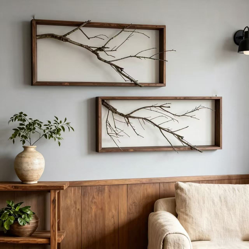 Medieval Style Branch Painting for Living Room, Natural Branch Decorative Painting, Modern Minimalist Wooden Frame Hanging Painting, Natural Style Wall Art