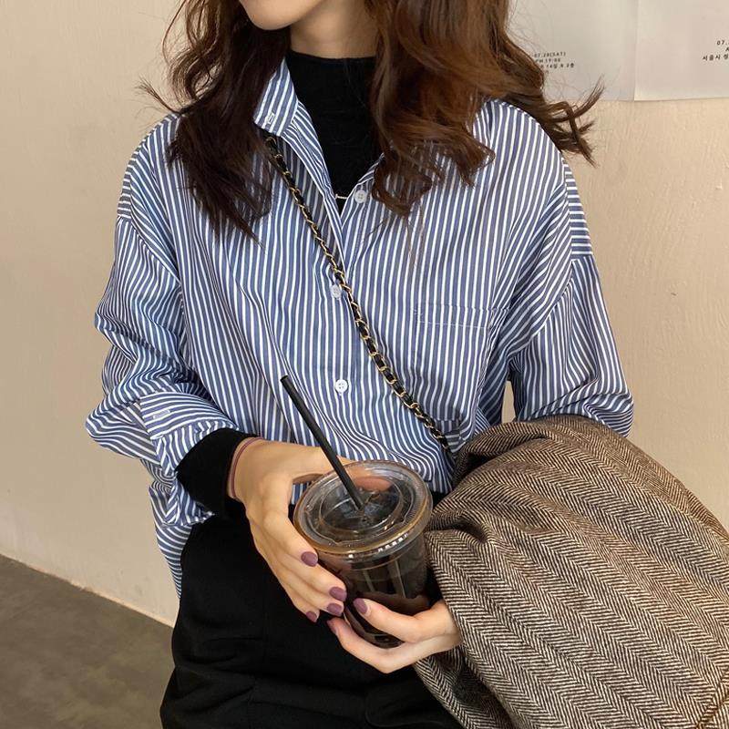 Autumn 2021 new Korean version loose long-sleeved striped shirt schoolgirl design sense niche retro shirt top
