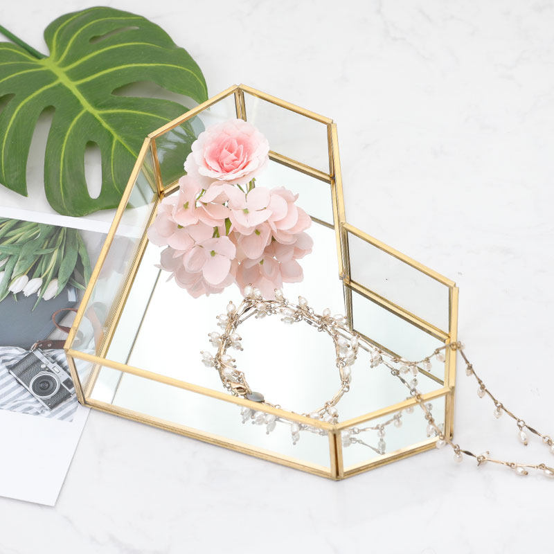 Nordic brass glass mirror metal tray cake holder gold-plated cold meal tea break fruit pastry dessert tray