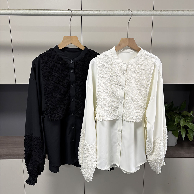 Japanese Style Fake Two-Piece Shirt for Women 2026 Spring New Casual Versatile Loose Jacquard Patchwork Lantern Sleeve Top