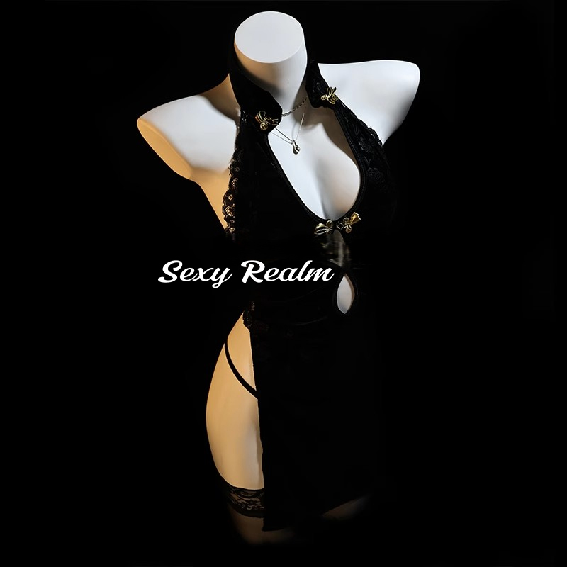 Beyond Sexy'Dark Night Charm' Sexy Cheongsam Set Classical Hollow Out Empress Style Slit Retro Nightgown Qqny