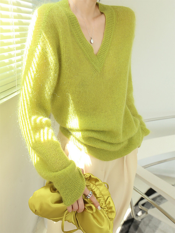 Amazing Product! Super Cool! Lazy Style V-Neck Fluorescent Green Mohair Sweater for Women, Spring and Autumn 2025 New Thin Coat