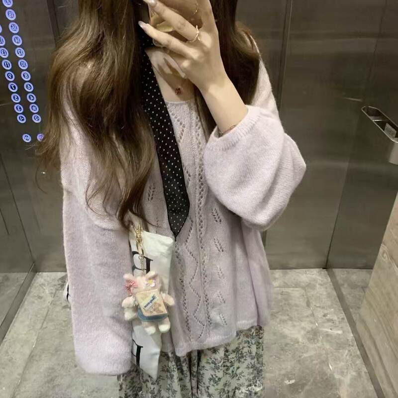 Korean-Style Lazy Style Hollow-Out Purple Sweater for Women, 2026 Early Spring New Model, Super Beautiful, Gentle and Elegant Thin Knit Top