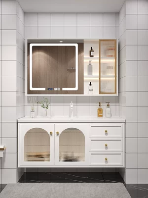 Sơn tối giản thông minh gỗ rắn tủ phòng tắm tủ gương kết hợp phòng tắm tích hợp chậu rửa mặt gốm tủ chậu rửa gương nhà tắm có tủ tủ gương phòng tắm có đèn 