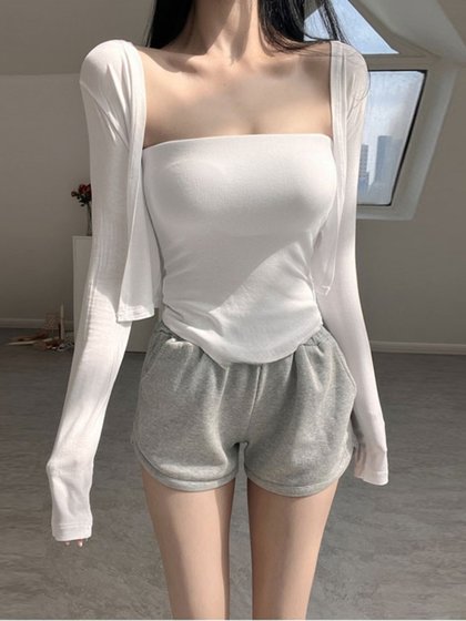 辣妹白色薄款小开衫长袖外套外搭上衣防晒衣披肩空调衫短款罩衫女