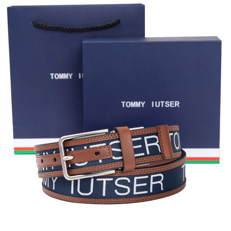 Tommy Iutser Men's Leather Canvas Belt for Young Men, High-End Casual Belt for Jeans, Trendy
