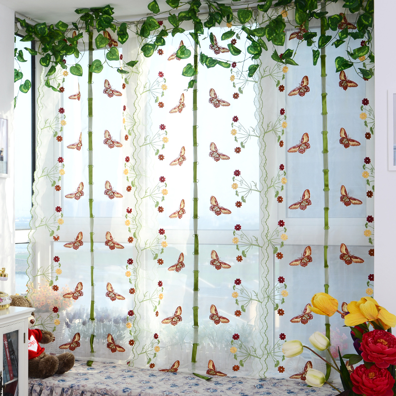 Red Butterfly (Roman Curtain Velcro)Velcro window curtains No punching install Internet celebrity window screening Gauze Butterfly curtain Roman blind kitchen Small window Lifting curtain