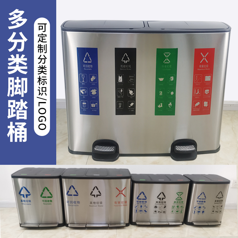 Stainless Steel Four-Category Trash Can, Commercial Use, 100 Liters, Large Size, for Shopping Malls, Hospitals, Offices, Bathrooms, 120 Liters, Foot Pedal Stainless Steel Four-Category Trash Can, Commercial Use, 100 Liters, Large Size, for Shopping Malls, Hospitals, Offices, Bathrooms, 120 Liters, Foot Pedal
