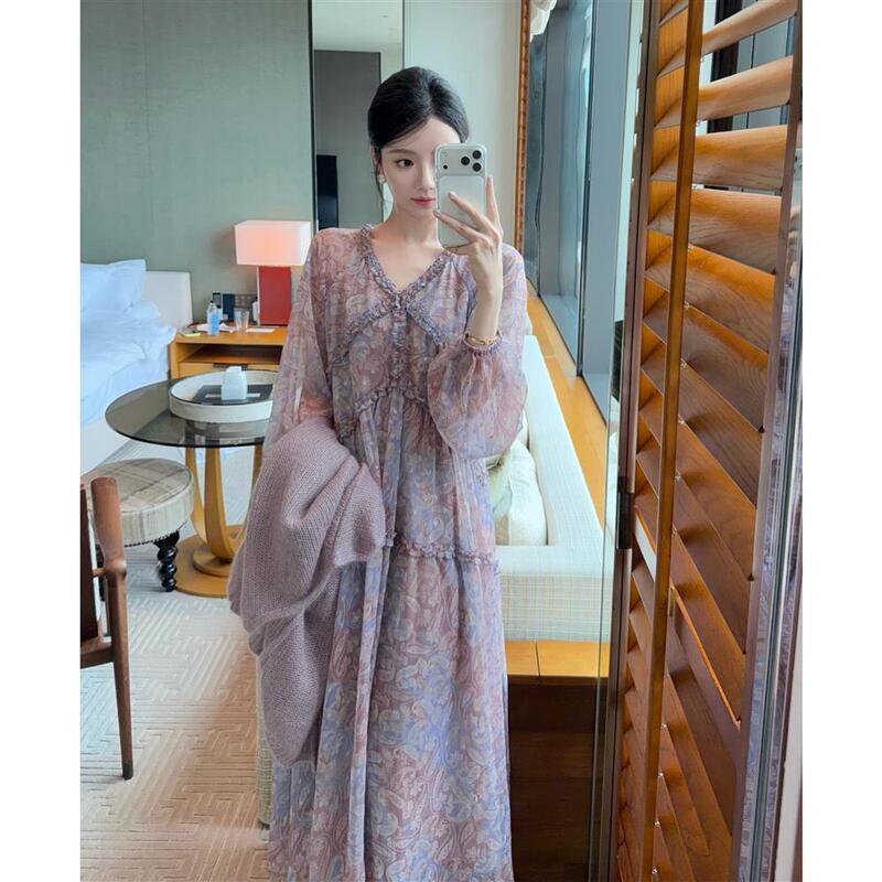 Zwinnie/Jamesiwei Ni【Purple Cashew Flower Dress】Long-Sleeved Dress with Ruffled Edges Gsw202620 Zwinnie/Jamesiwei Ni【Purple Cashew Flower Dress】Long-Sleeved Dress with Ruffled Edges Gsw202620