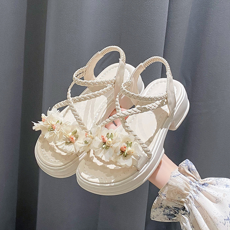 Floral Sandals to Match Skirts for Women, 2026 Summer New Fairy Style Versatile Thick-Soled French Wedge Flat Roman Shoes