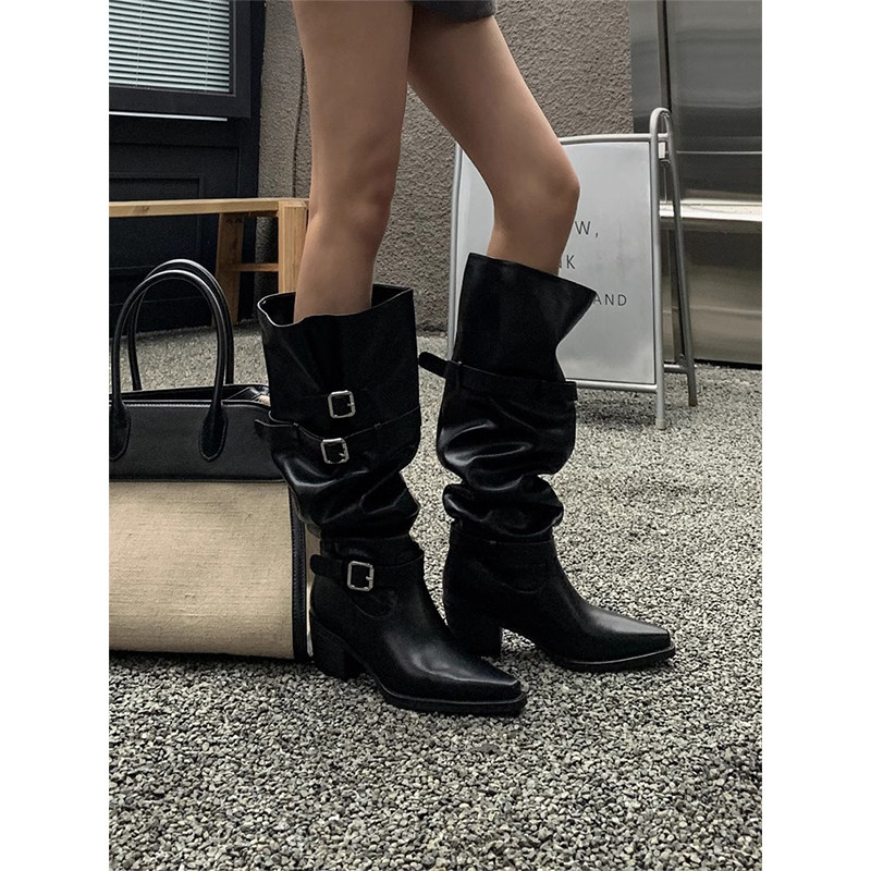 Коллекция 2025 года, осень и зима, новый стиль, сапоги с ворсом на высоком каблуке, на толстом каблуке, с острым носком, рыцарские сапоги с высокой талией, модные женские сапоги с широкой талией