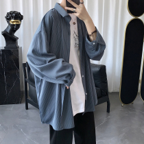 High level Sensation Uppie Handsome Striped Shirt Male Korean version Trend handsome Relaxed Harbor Wind Day Ensemble 100 Hitch Casual Long Sleeve Shirt