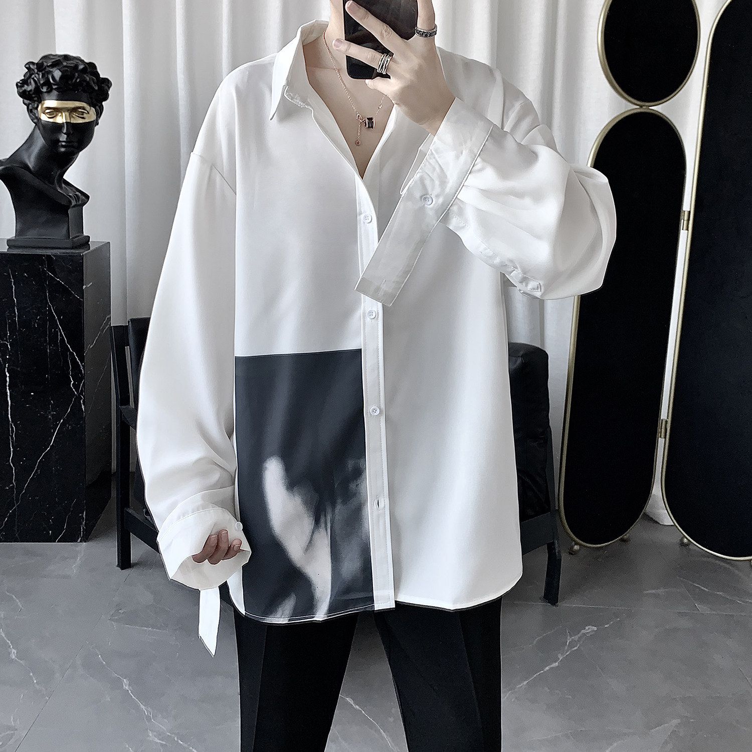 High-end, lazy style, handsome white shirt, male Korean version, trendy, handsome, Hong Kong style, Japanese long-sleeved shirt