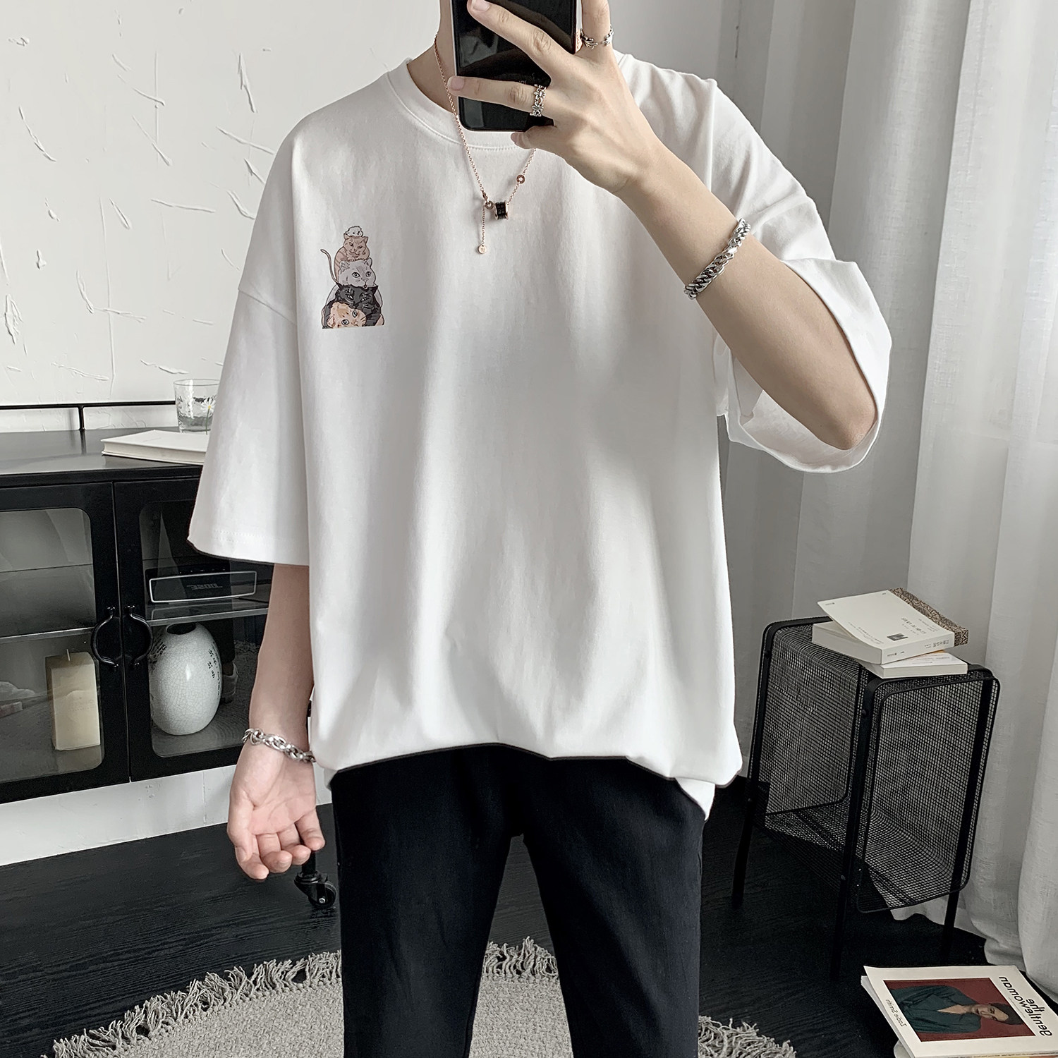 2020 summer new cat printing couple short-sleeved t-shirt men's tide brand trend ins all-match Hong Kong style T-shirt clothes