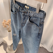 Summer thin trendy mens ripped nine-point pants mens jeans mens rotten feet Korean version slim-fit small feet beggar pants